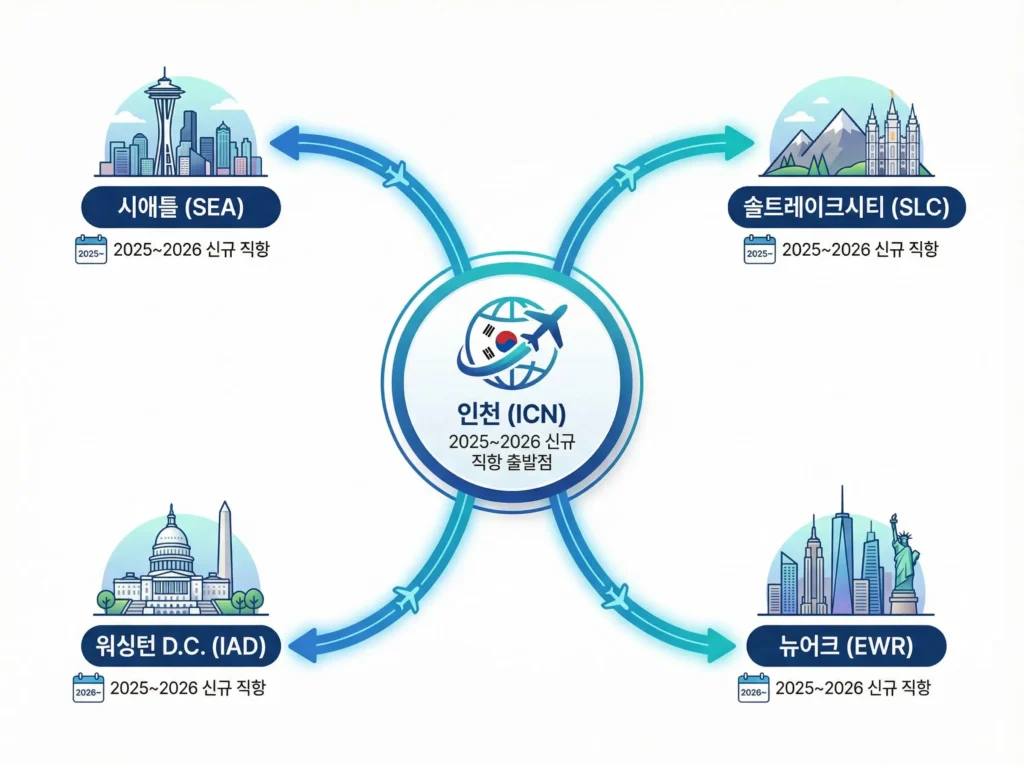 인천에서 미국으로 향하는 신규 직항 노선을 보여주는 지도