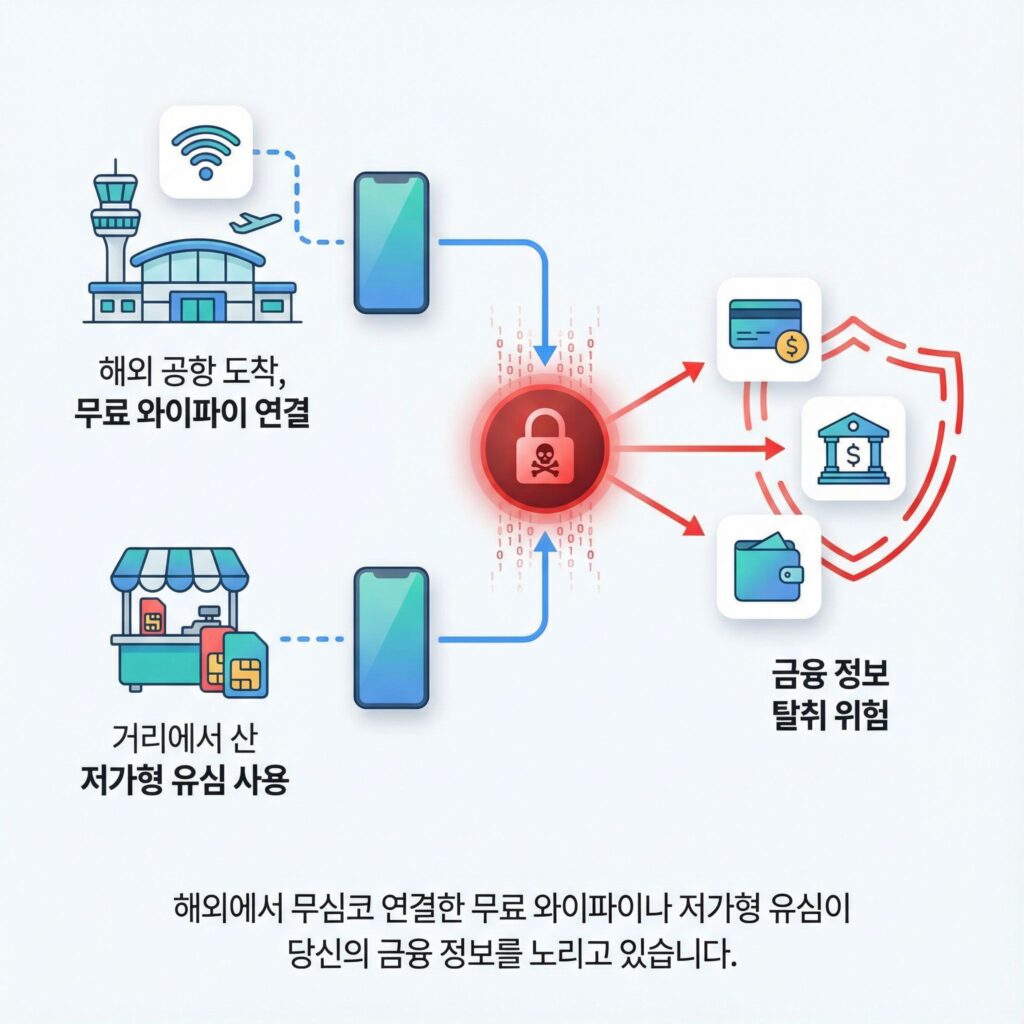 해외여행 공항 무료 와이파이 해킹 위험 및 저가형 유심 개인정보 유출 도식화