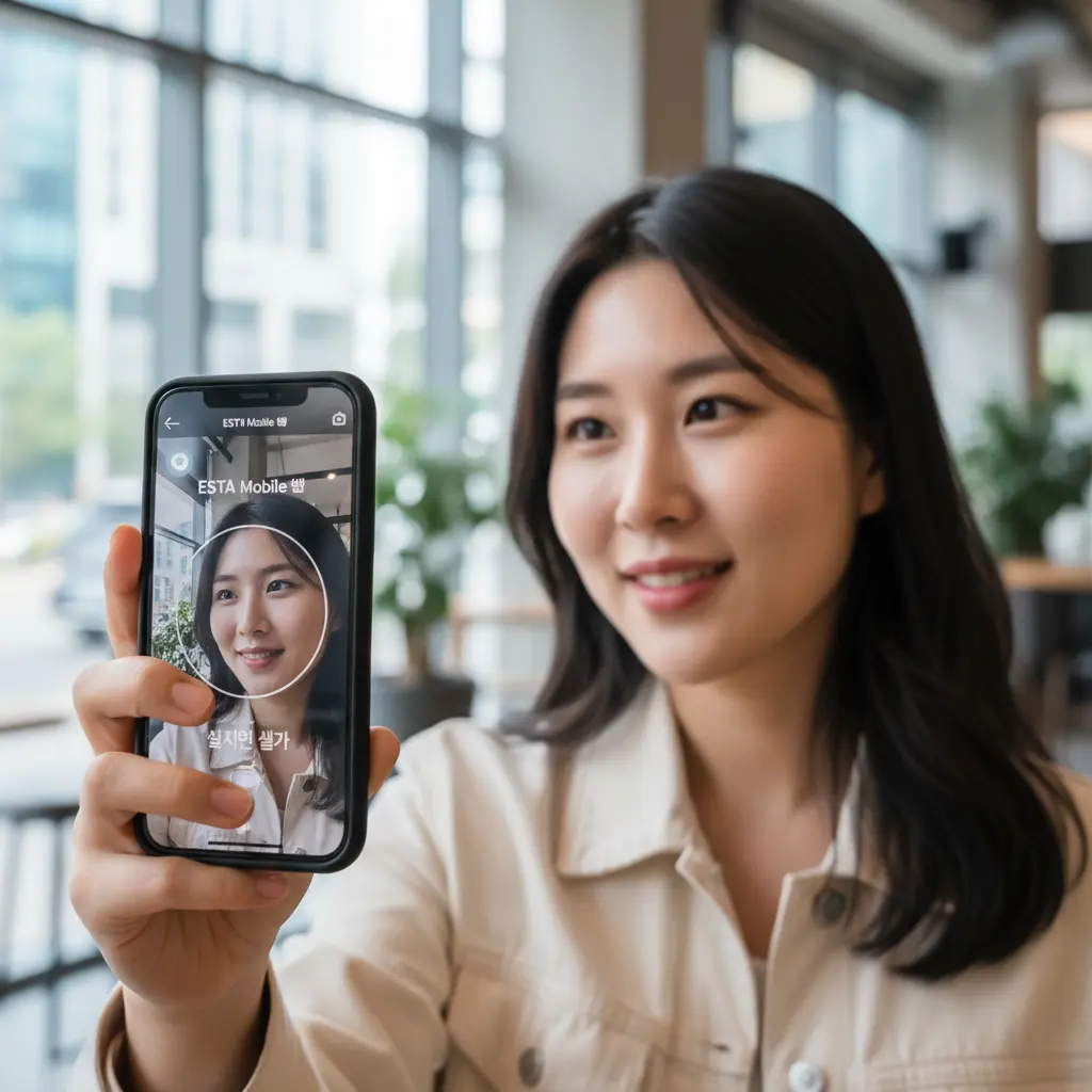 ESTA 모바일 앱 인터페이스와 사용자 셀카 촬영 가이드